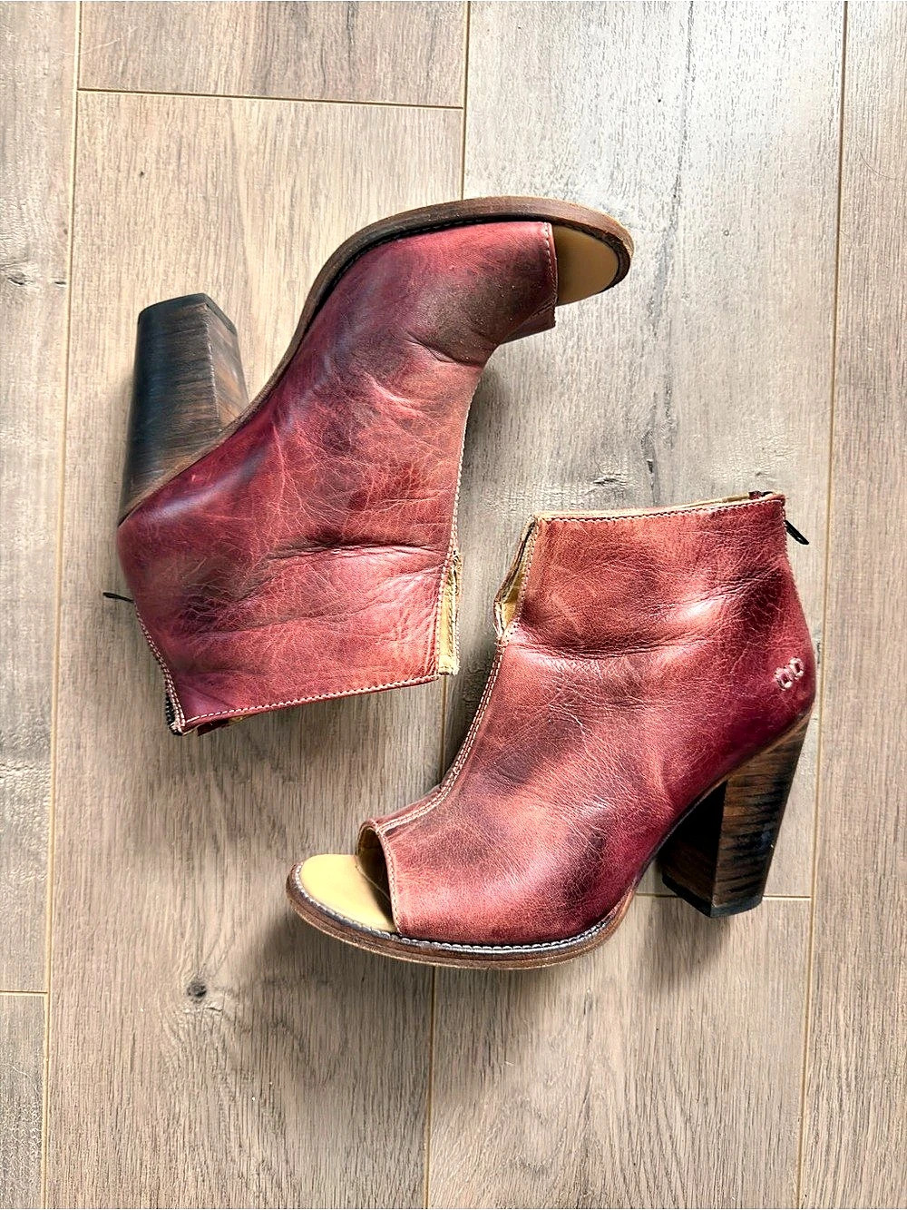 BED|STU Onset Peep Toe Bootie in Red & Brown